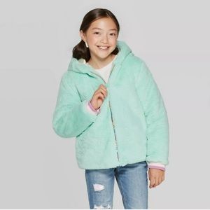 Cat & Jack Hooded Unicorn Faux Fur Thick Winter Green Coat Girls Size Large